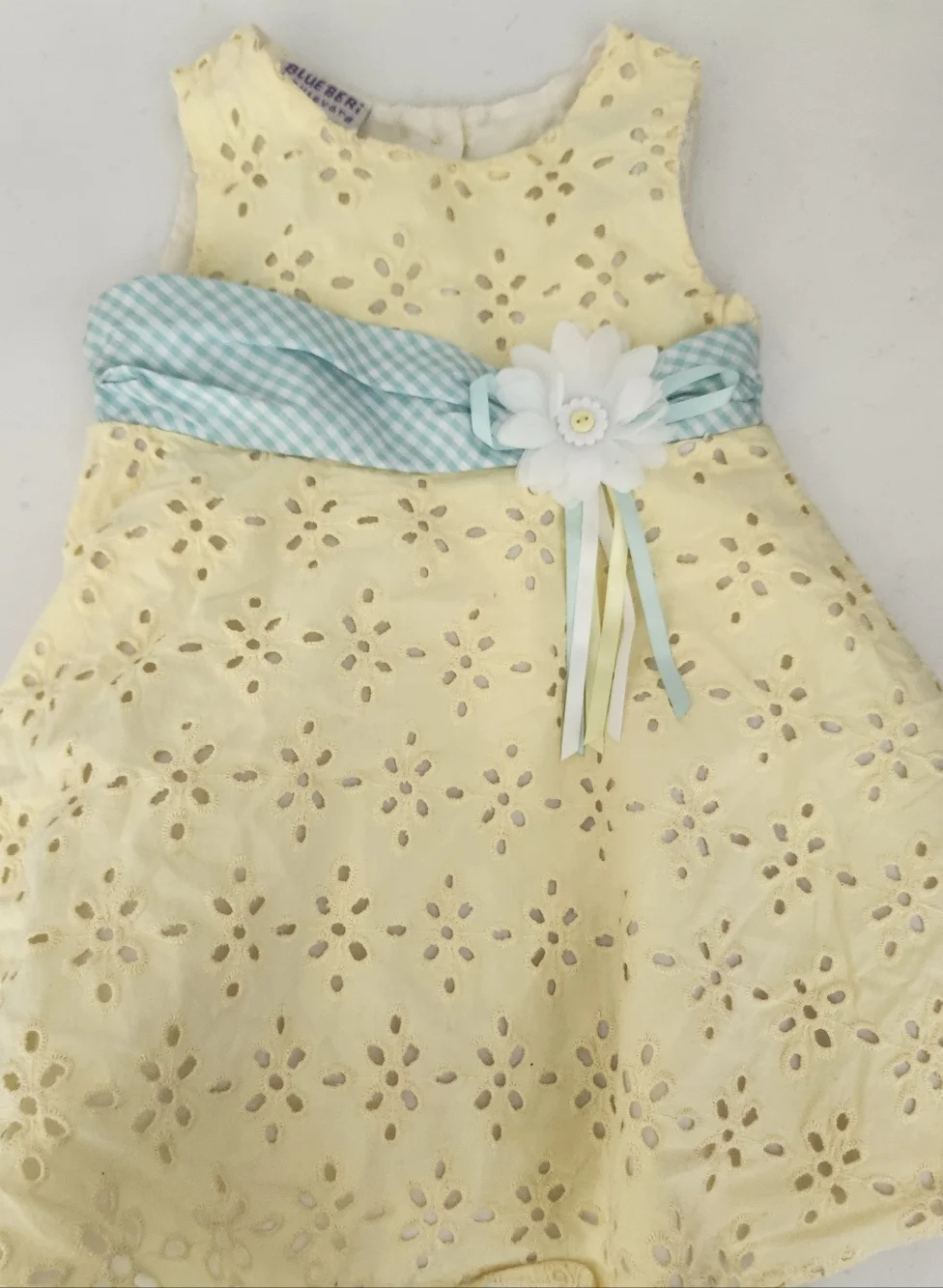 Blueberi Boulevard Pale Yellow Eyelet Dress with Aqua Gingham Sash Baby Girl 18M - Picture 2 of 5